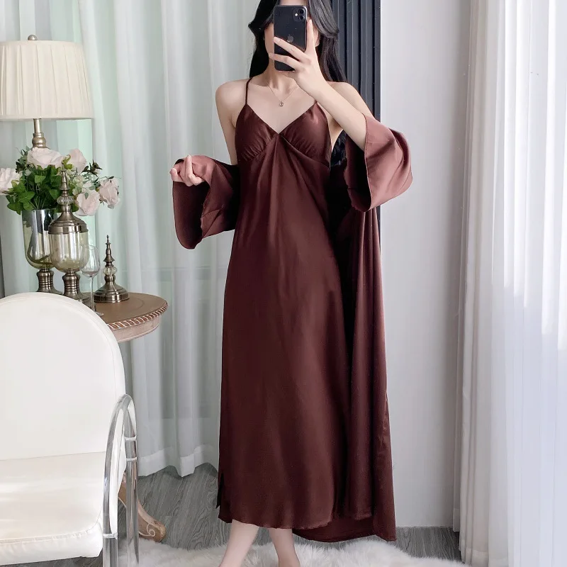 

Sexy Solid Color Long Nighty&Robe Set Nightgown Autumn Female Sleepwear Suspender Nightdress Satin Homewear
