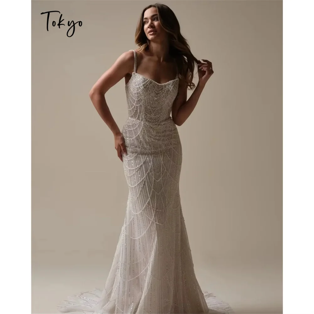 Tokyo White Mermaid Customized Wedding Party Spaghetti Strap Zip Back Floor-Length Bridal Gown Sleeveless Beading Wedding Gown