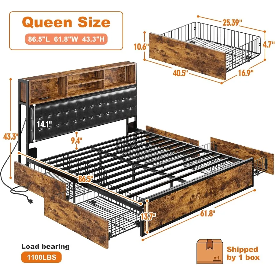 إطار سرير كوين مع 4 أدراج تخزين لغرف النوم الحديثة ولوح رأسي منجد بلمسة نهائية بنية عتيقة مدمجة في الشحن #2