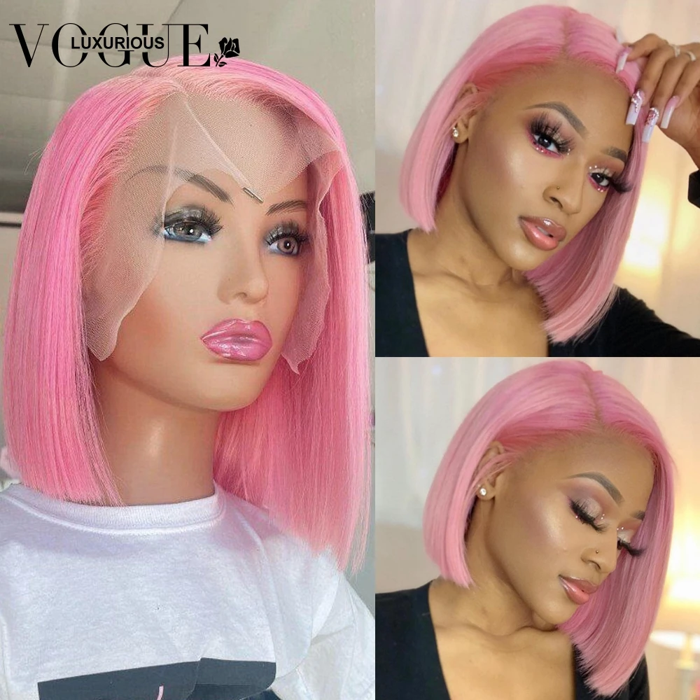 

14 Inch Brazilian Virgin Human Hair Light Pink Short Bob Glueless Wigs Preplucked Hairline 13x4 HD Lace Frontal Wig for Women