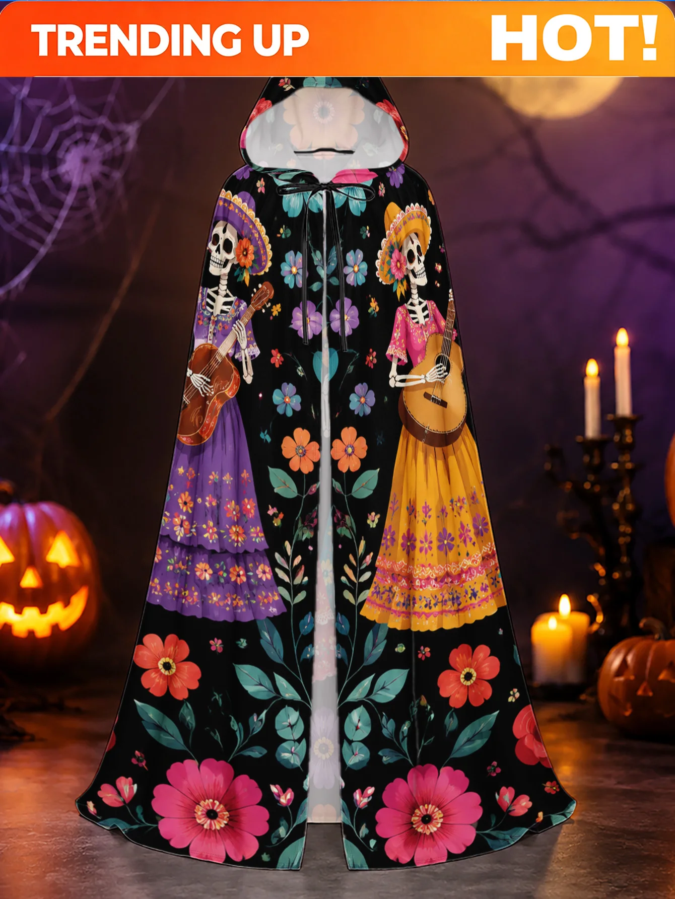 Customization 1pc Day Of The Dead Robe Hooded Loose-Fit Costume Suitable For Halloween, Christmas, Themed Parties