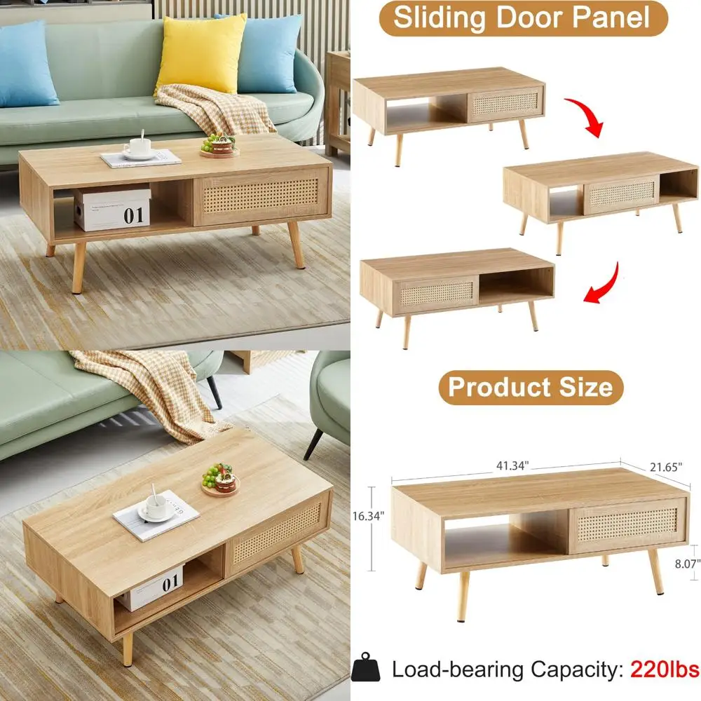 

Mid-Century Modern Storage Coffee Table, 41.3 Rectangular Wooden Center Table with Sliding Rattan Door
