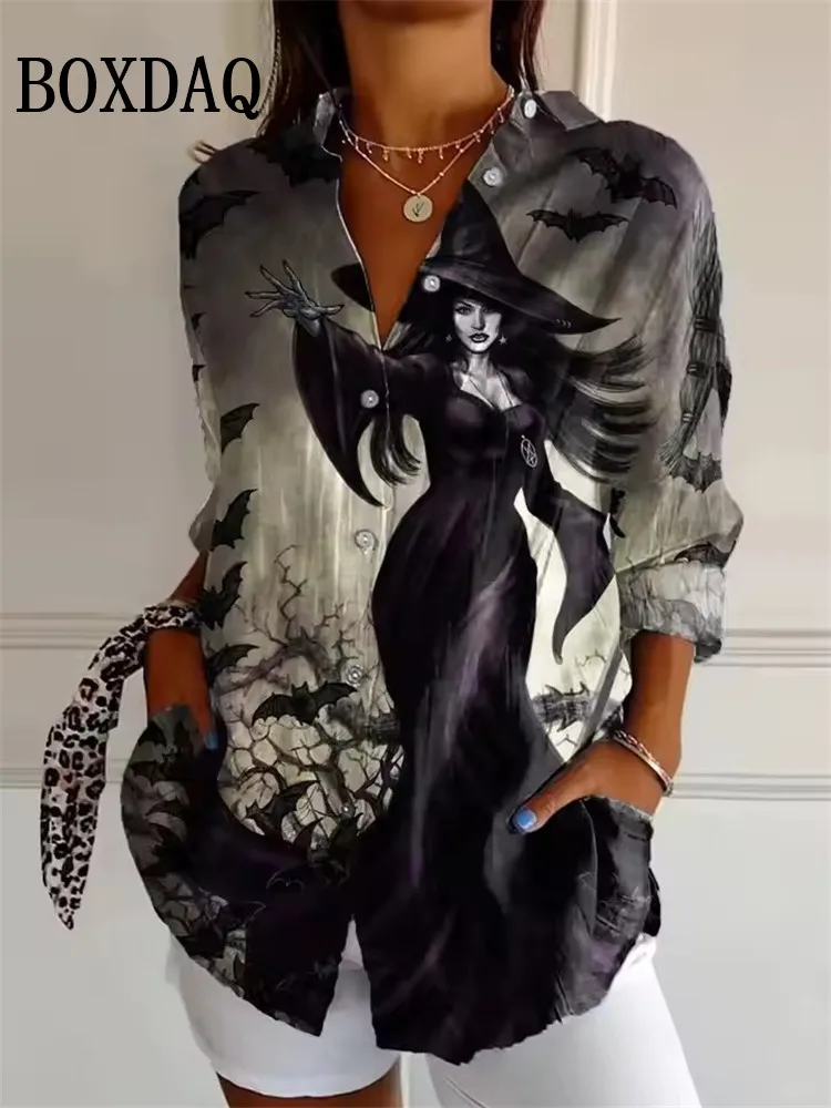 

Women's Halloween 3D Witch Bat Print Blouse 2025 Autumn Fashion Long Sleeve Tops Trendy Loose Casual Lapel Party Shirts