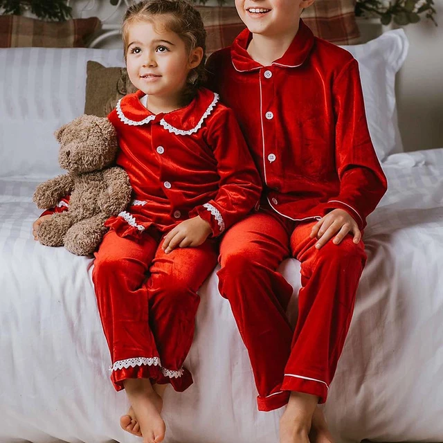 2024 Christmas Baby Boys Girls Red Velvet Pyjamas Sets Kids Long Sleeve Button Down Sleepwear