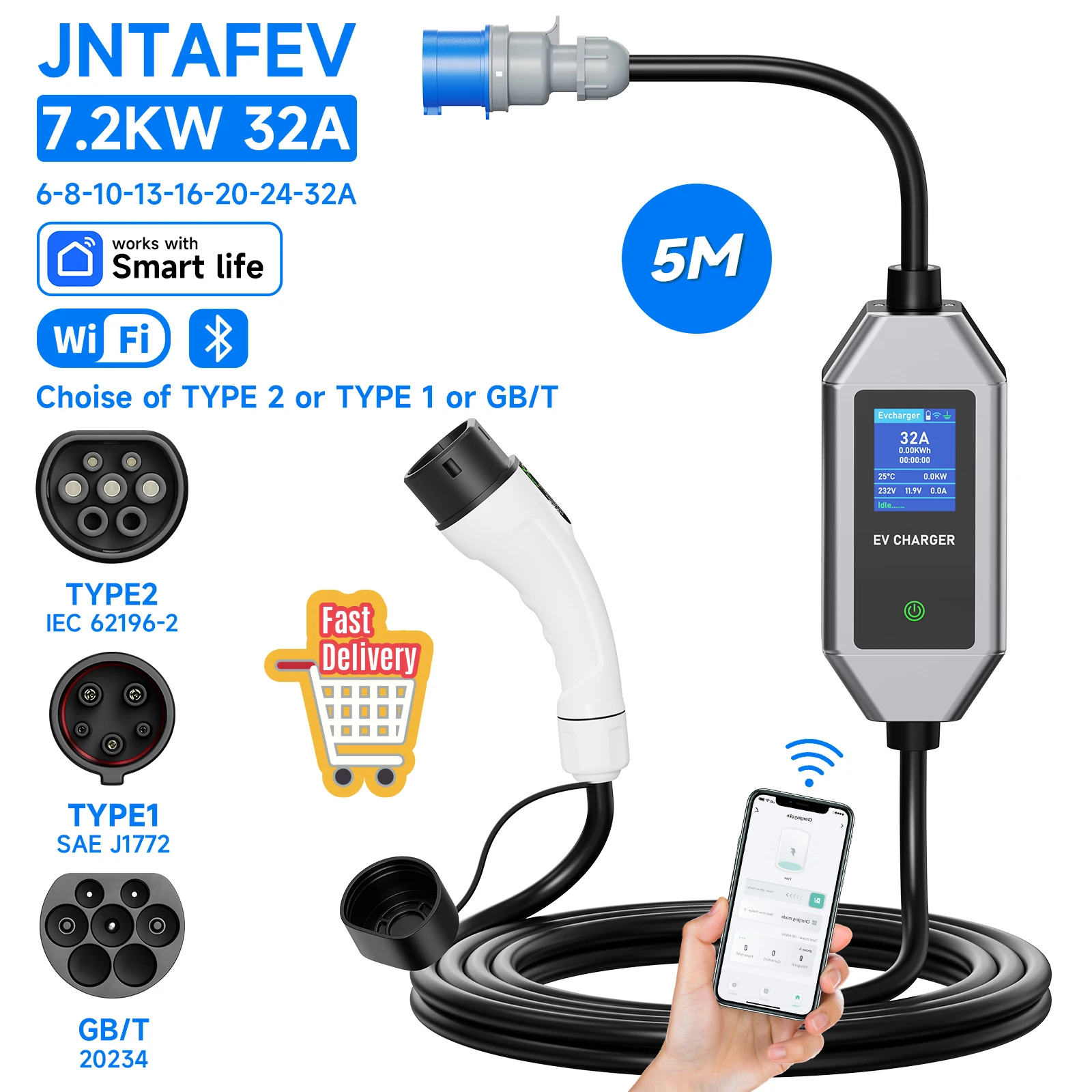 JNTAFEV Portable Charger 7.2KW 32A Type2 IEC62196-2 Electric Vehicle Charger Type1 J1772 Wallbox GB/T CEE Plug WIFI APP Control