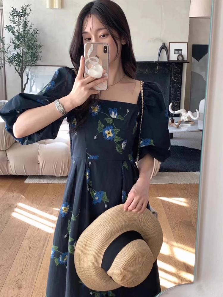 เดรสลายดอกไม้สไตล์เรโทรสำหรับฤดูร้อน เอวสูง จับจีบ ทรงบับเบิ้ล คอเหลี่ยม ดีไซน์เก๋ช่วยพรางหุ่น สำหรับผู้หญิง สไตล์ลำลอง เหมาะสำหรับใส่ไปทำงาน