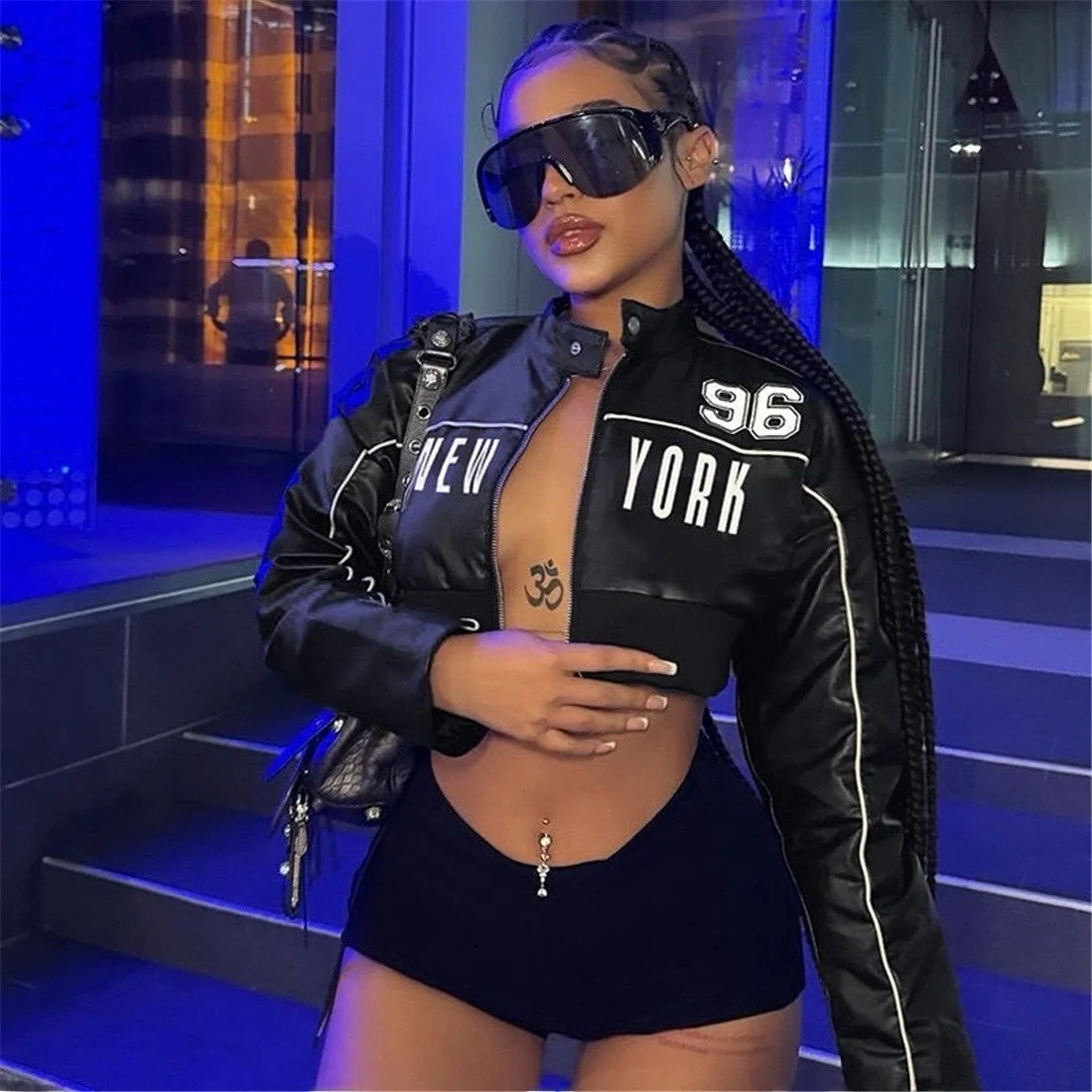 Faionable مطبوعة المرقعة سستة جلدية Jaet المرأة سليم صالح ort Sle مثير Sle طويل Sve Fce اصطف معطف #3