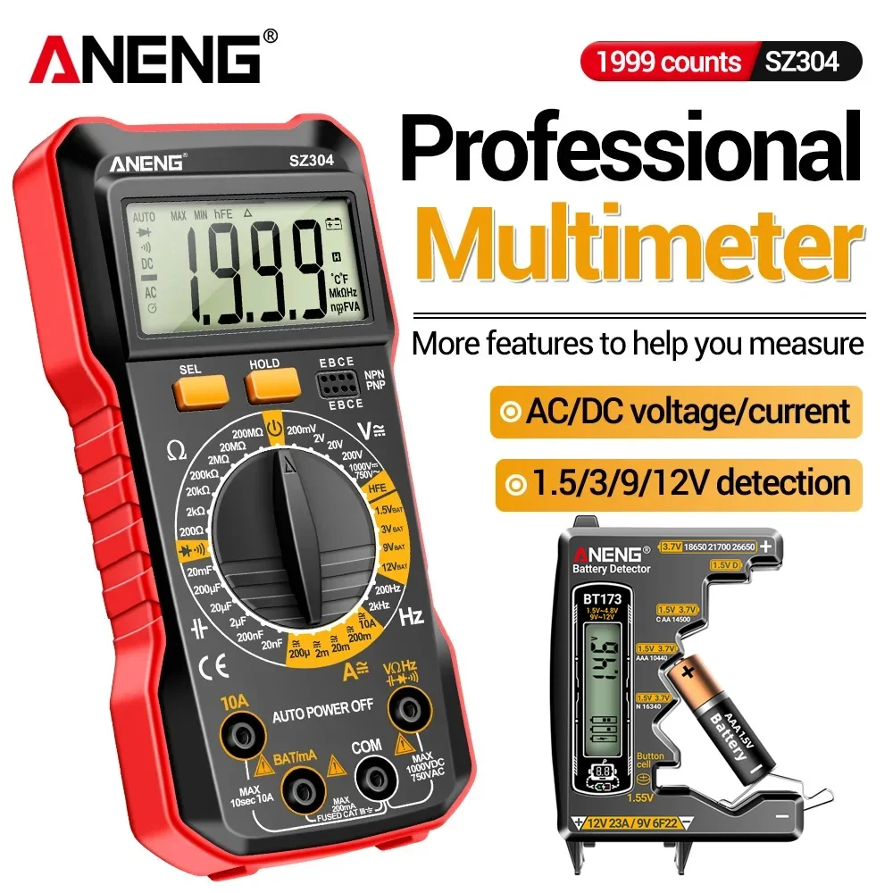 Electrician Digital Multimeter SZ304 BT173 Portable Digital Battery Tester AC DC Voltage Resistance Capacitance Electrical Tools