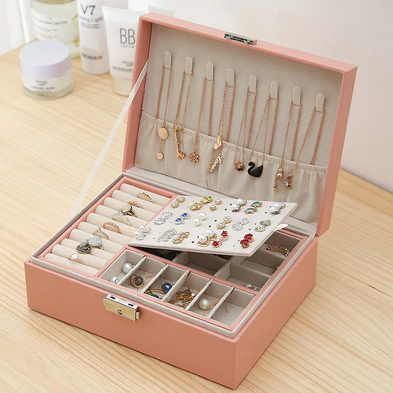 2026 New Style Double-layer Jewlery Box Ring Box Jewelry Boxes with Locks, PU Leather Jewelry Storage Organizer and Makeup Case