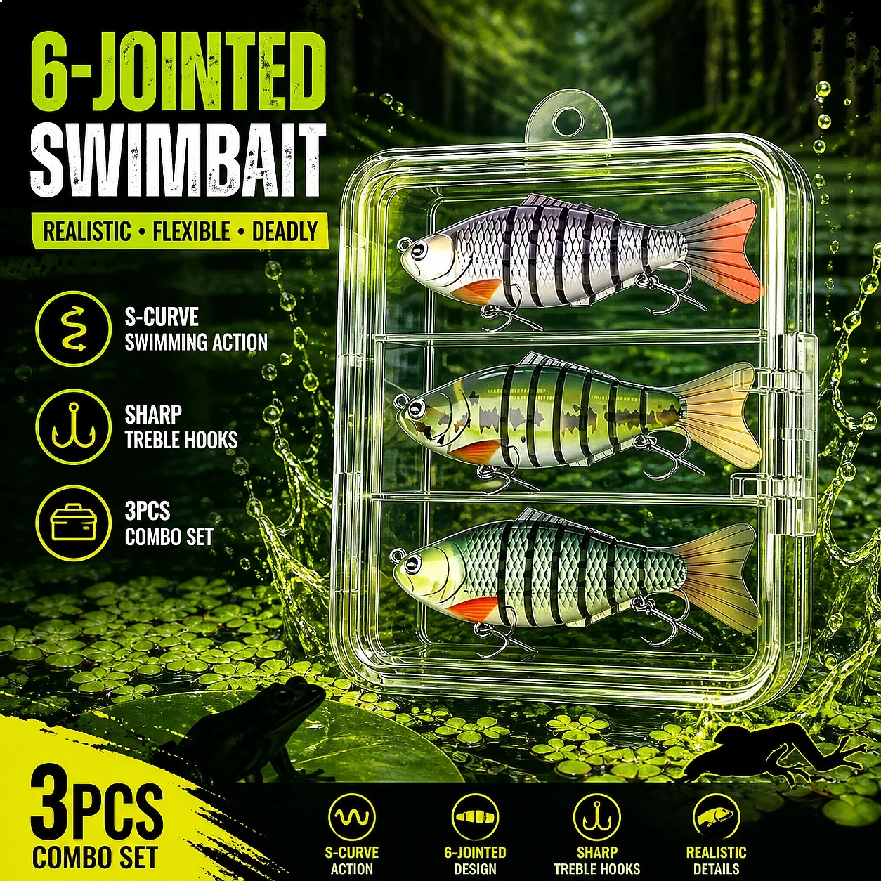 3 Pcs Full Sinking Multi Jointed Swimbaits Built in Weight Sturdy Hooks Hard Bait Storage Box for Bass Trout