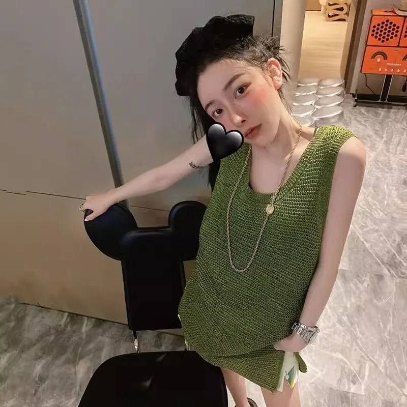 Zielona Sukienka Bez Rękawów Francuska Ekskluzywna Codzienna Sukienka Dzianinowa z Okrągłym Dekoltem Damska Letnia Sukienka Plażowa Krótkie Sukienki Plażowe