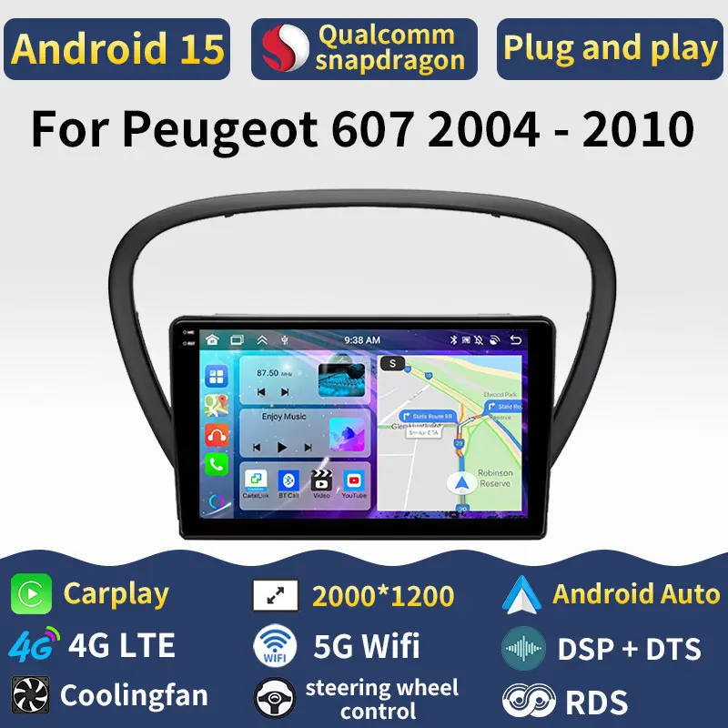 Android 15 carplay para peugeot 607 2004 - 2010 rádio estéreo do carro navegação de vídeo 4g lte auto multimídia dsp gps player 2din wifi