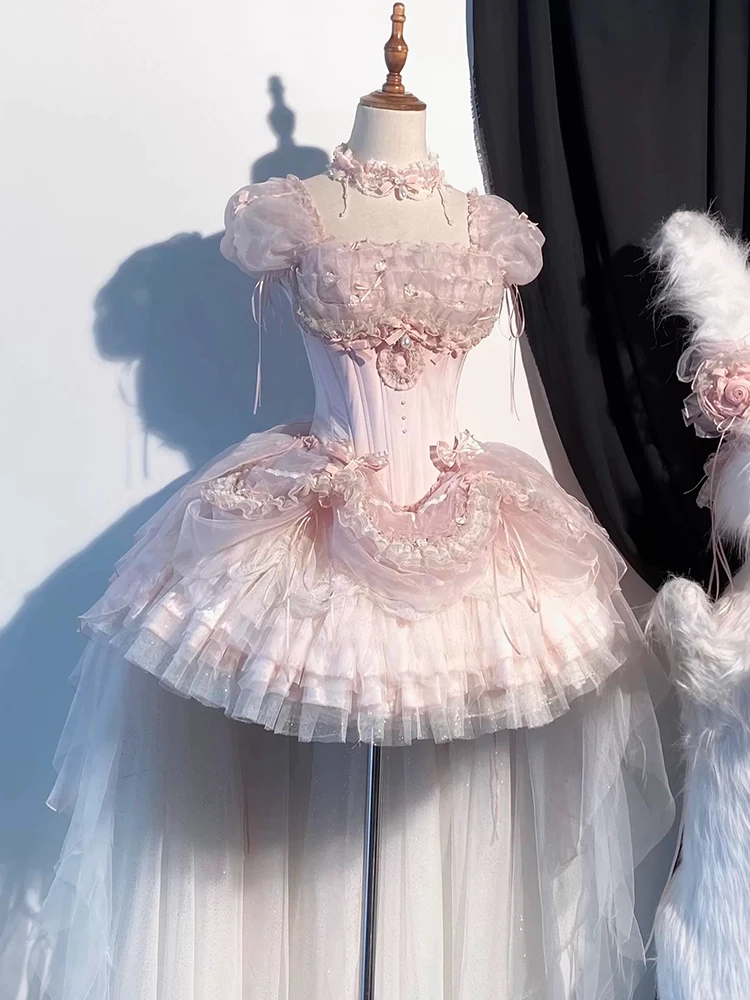 Zoete bloem bruiloft lolita roze vestido 2025, nieuwe zomer dames slanke elegante prinsessenjurk, schattige strik trailing verjaardagsjurk