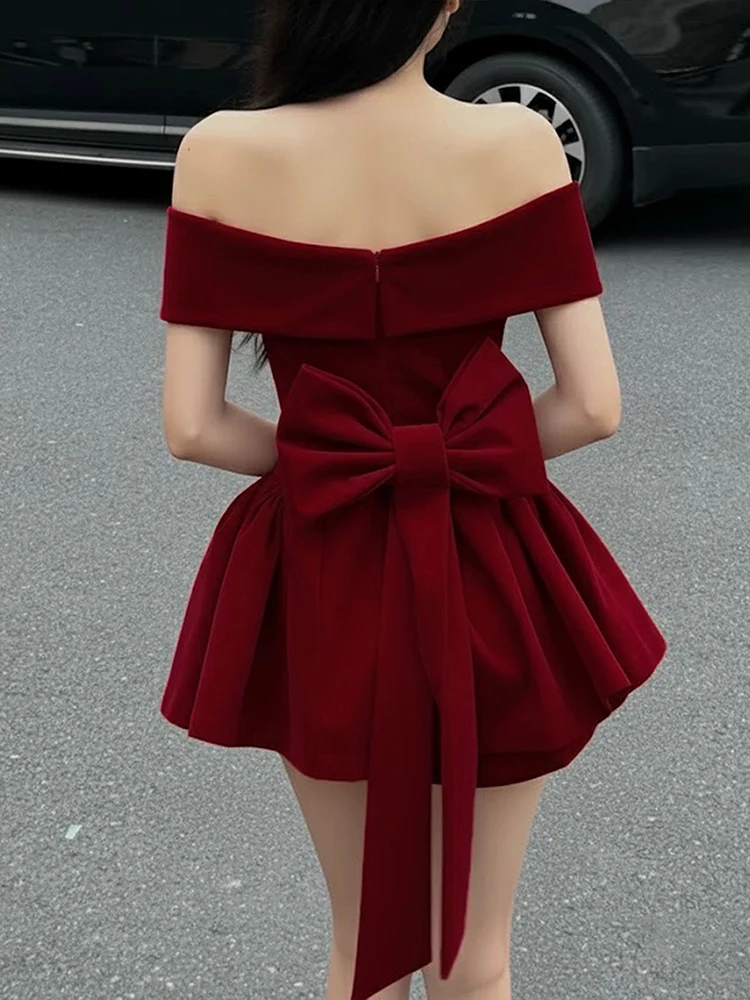 Cutenew Bow Patchwork Dress Women Sexy Noble Chic Slash Neck Sleeveless Zip Ruffled Ruched Stretch Party Prom Banquet Bodycon