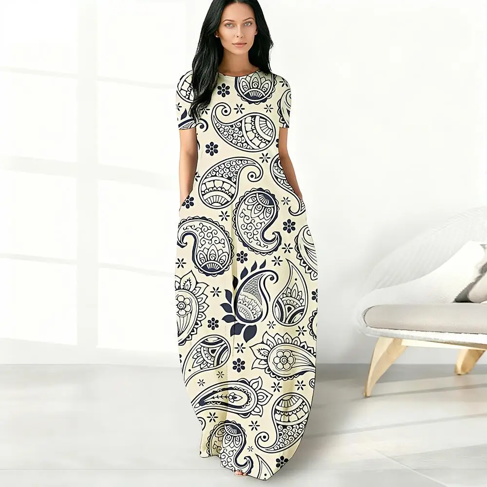البوهيمي بيزلي ثلاثية الأبعاد طباعة فستان خمر العرقية نمط الجمالية المرأة مزاجه فساتين عادية تنفس شاطئ فستان طويل