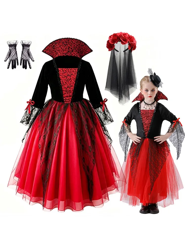 Mädchen Cosplay Halloween Vampir-Teufel-Kleid für Kinder Geisterbraut Gothic-Kostüm Vampir-Karnevals-Outfits Schwarze Rote Netzkleidung