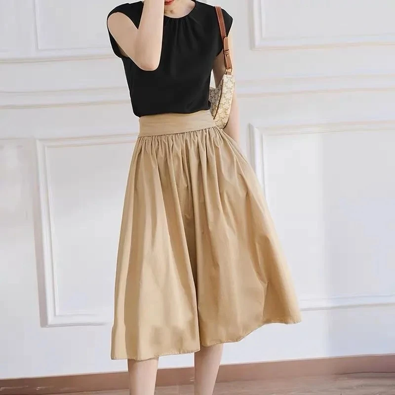 

Korean Fashion Summer New Women's Solid Color Pocket Zipper Pleated Simplicity Elegant Versatile Loose High Waist A-line Skirt