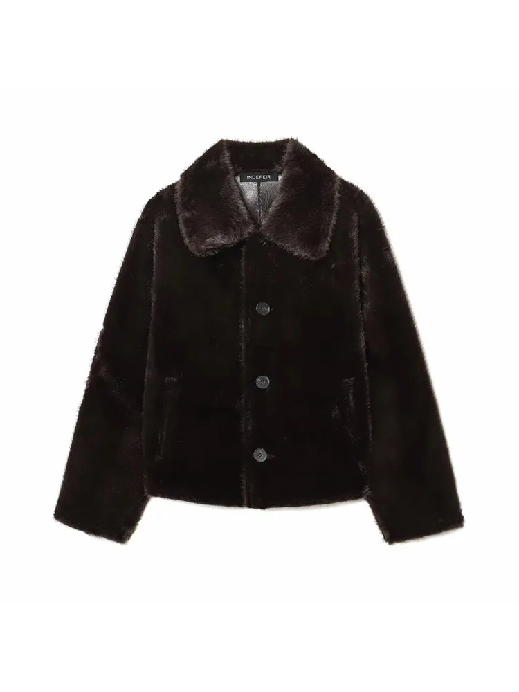 Jaket Kulit Imitasi Bulu Domba Bolak-Balik Musim Dingin Wanita 2025, Mantel Kerah Turun Tebal untuk Kantor, Pakaian Luar Chic