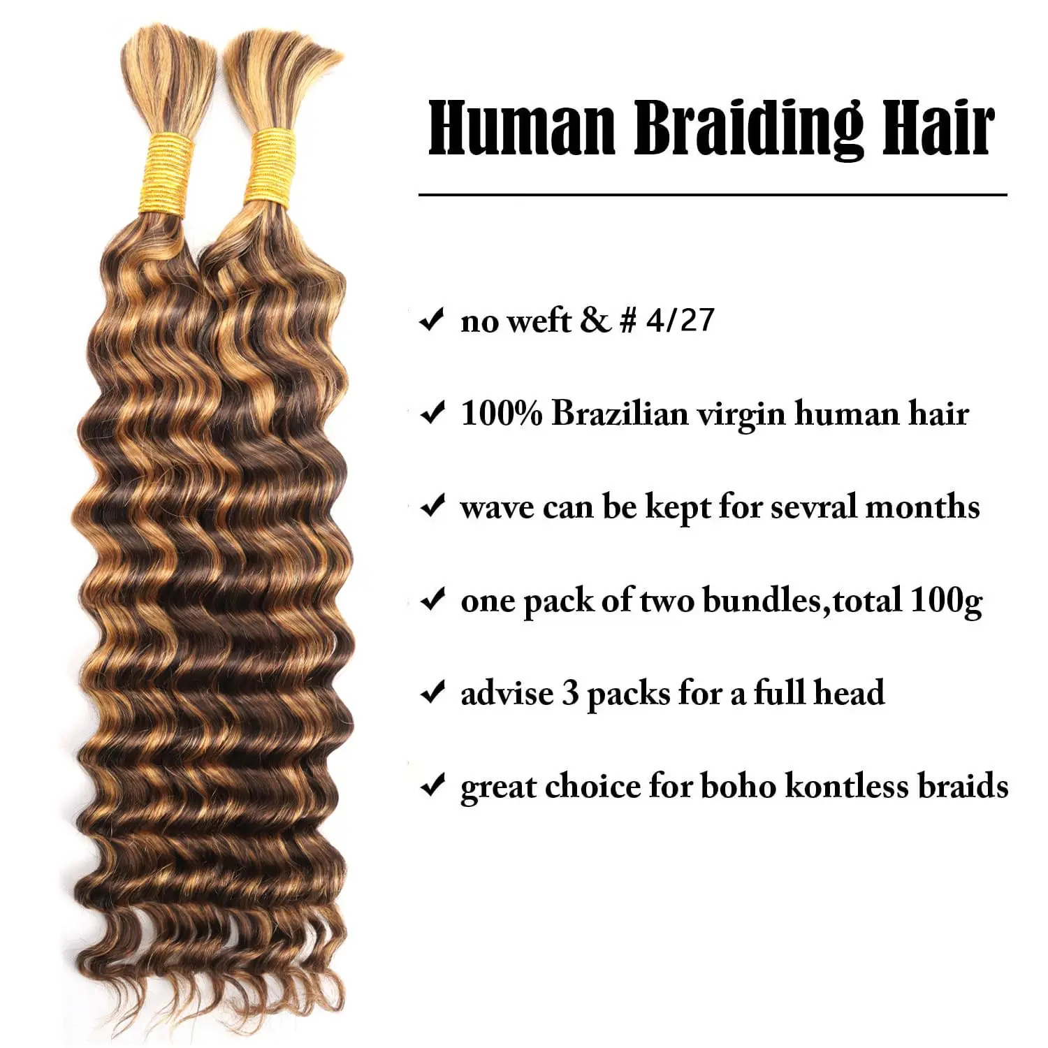 Human Braiding Hair For Boho Braids 22 Inch 2 Bundles 100g 4/27 Ombre Boho Hair For Braiding Deep Wave Bulk Human Hair 12A