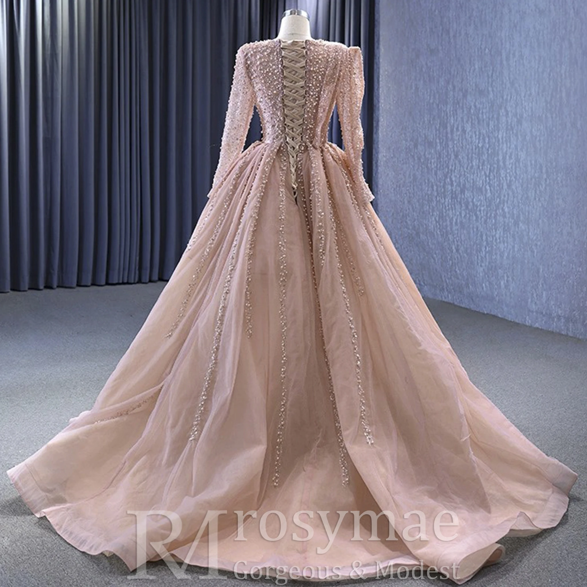 Suknia wieczorowa Rosymae, długa, z długim rękawem, balowa, na konkurs piękności, zdobiona perłami, elegancka, jasnoróżowa, formalna, dla gościa weselnego.