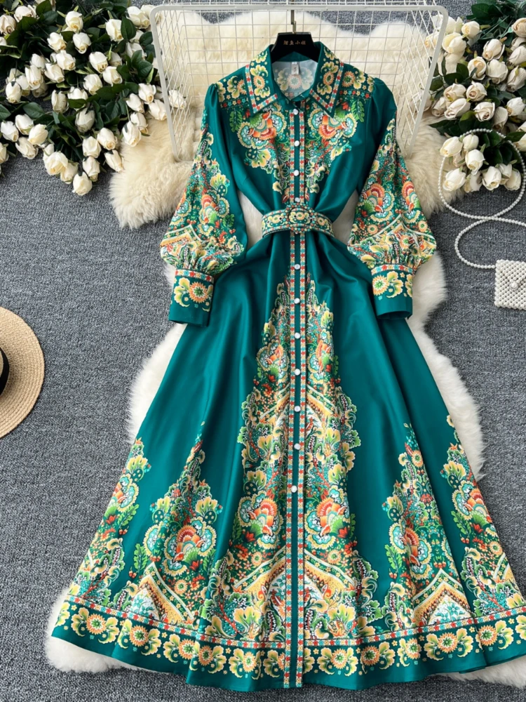 Maxi Single Breasted Belt Dresses for Women Vintage Robe Femme 2024 Vestidos De Mujer Lantern Sleeve Floral Temperament Dress WJ