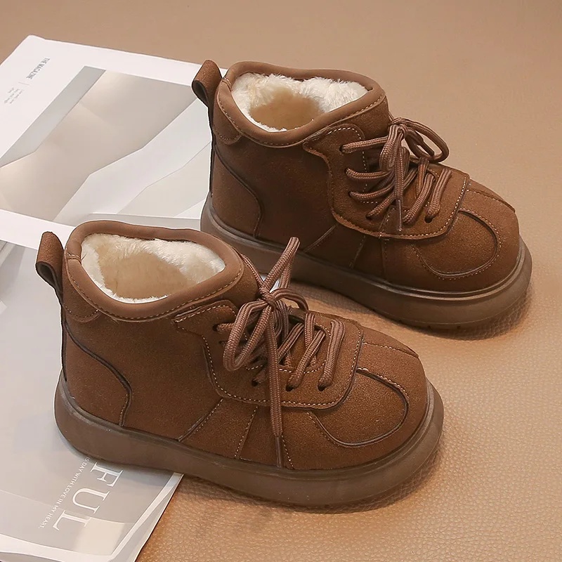 Winter Children Snow Boots PU Leather Waterproof Teenager Kid's Plush Warm Shoes Soft-soled Anti-slippery Boys Girls Boots