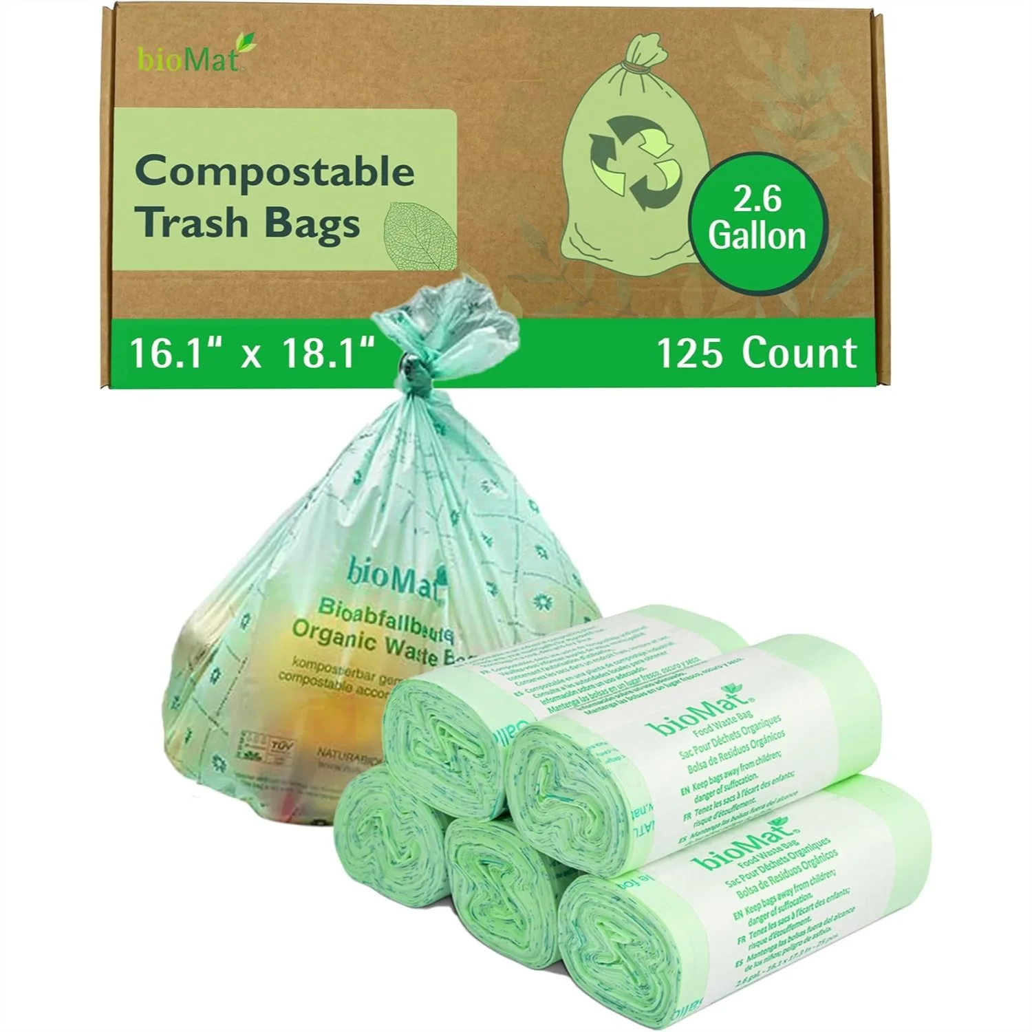 

Compostable Trash Bags 2.6 Gallon 125 Count, Small Kitchen Food Scrap Bin Liners, BPI & OK Compost HOME Certified, ASTM D6400