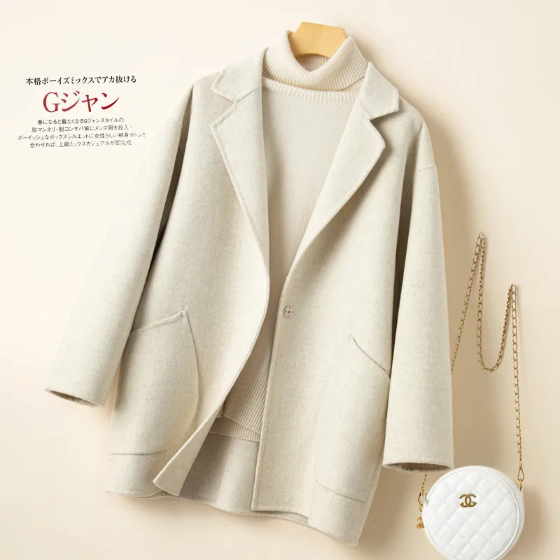 Winter Korean Handmade Double Breasted Long 100% Wool Coat Women Casual Loose Lacing Belt Woolen Overcoat Oversized