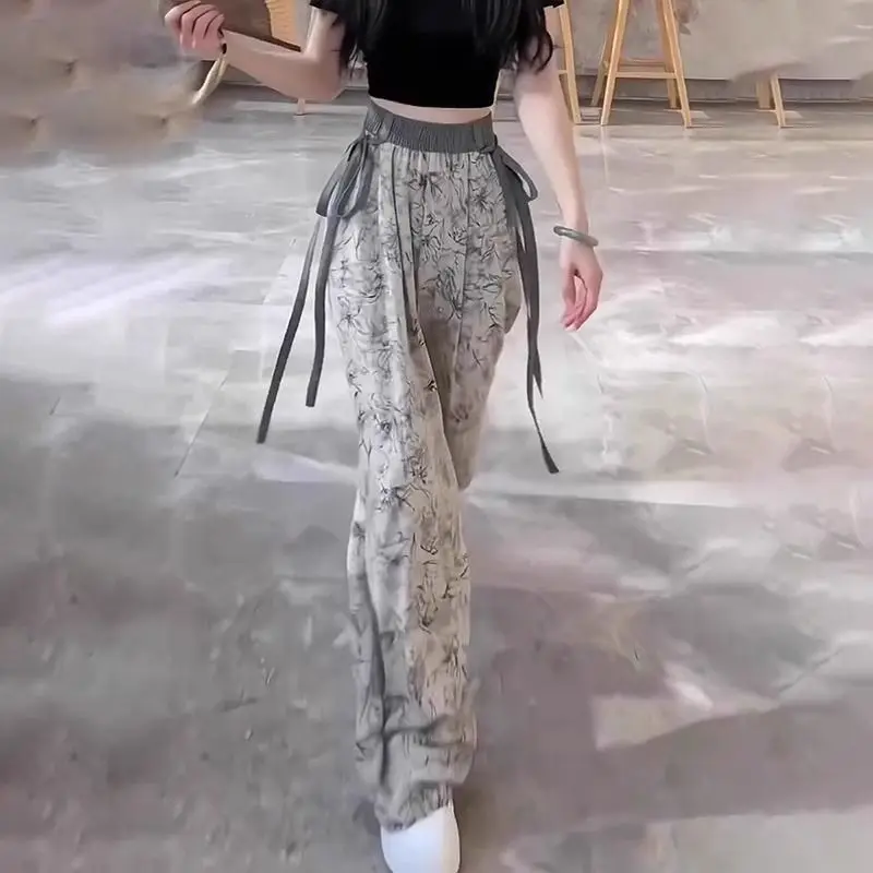 

Ink Flower Chiffon Wide Leg Women Summer Thin High Waist Drape Loose Straight Casual Pants