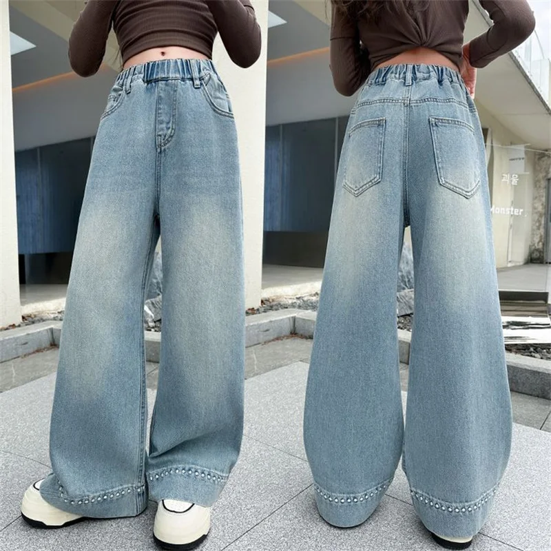 

Teen Girls Loose Jeans Children Spring Autumn Wide-leg Denim Pants Fashion New Kids Straight Trousers Teenager Casual Clothes