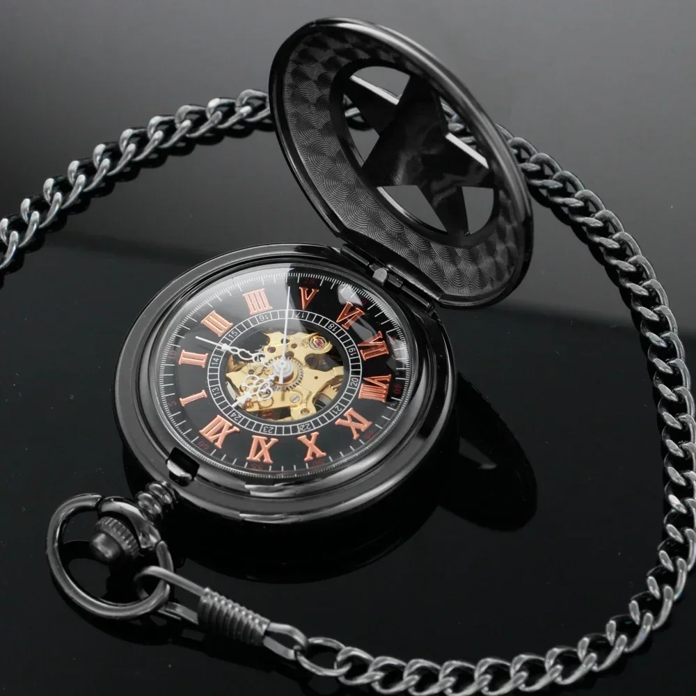 Retro Hand Winding Mechanical นาฬิกาพ็อกเก็ตนาฬิกาผู้ชายโบราณโรมันตัวเลข Dial จี้นาฬิกาโครงกระดูกนาฬิกา Fob นาฬิกาสําหรับชาย