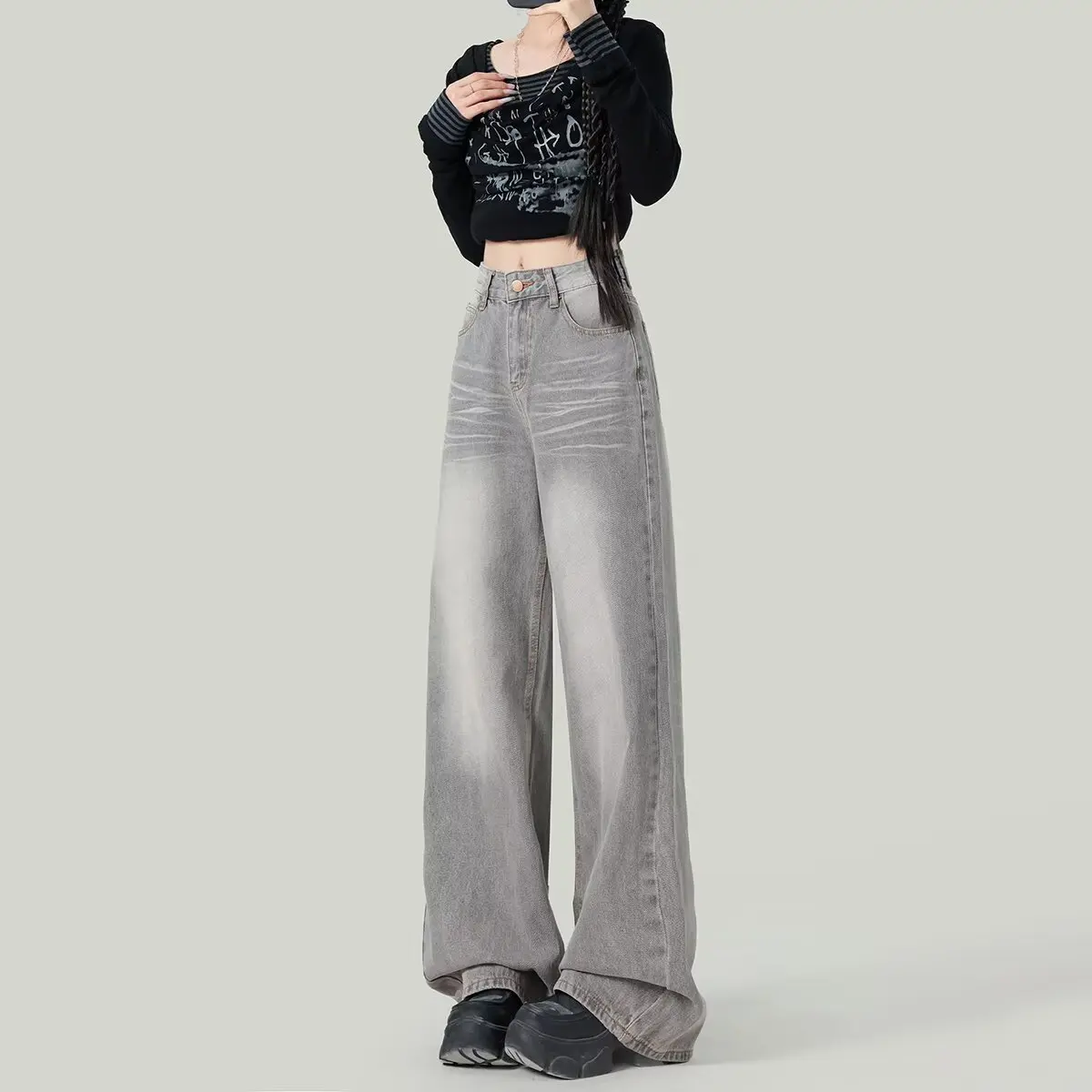 Amerikanische Retro-Jeans mit weitem Bein in Grau gewaschen für große Frauen, neue hoch taillierte, lockere Passform, schlankmachende Bodenhose mit geradem Bein