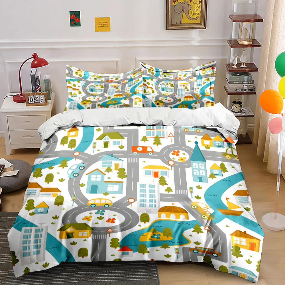 Cartoon-style city streets and buildings Print Bedding set 3PC 1 duvet cover 2 pillowcases adult and children bedding set