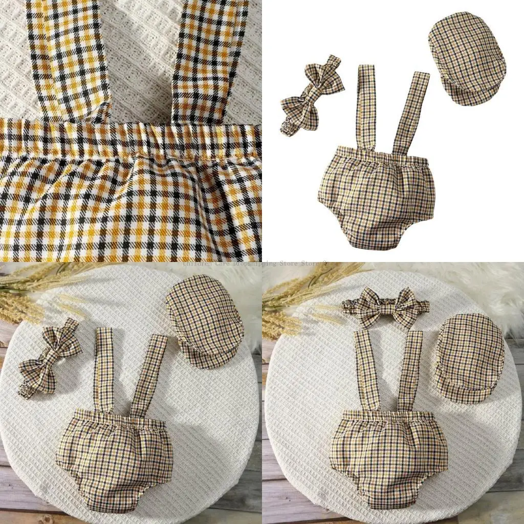 

Baby Photography Outfit Gentleman Checkered Straps Suit for 0 to 1 Month