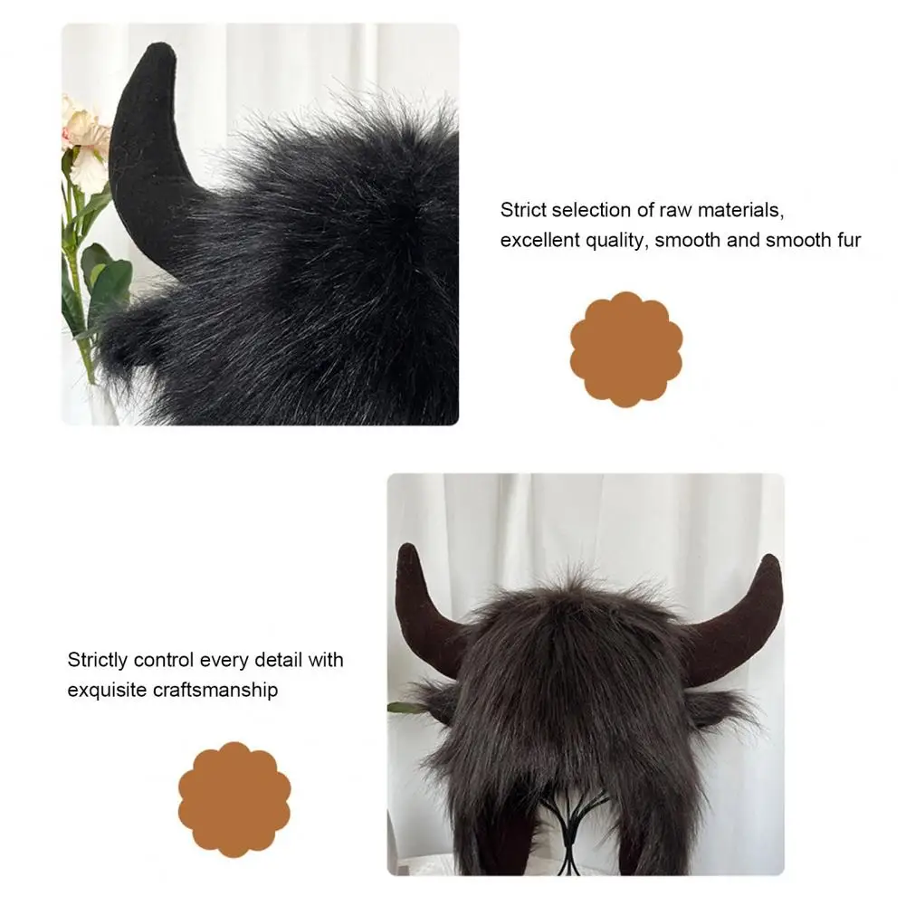 Winter Bomber Hats Funny Hat Fake Cow Horn Decor Unisex Hat Thick Faux Fur Ear Protection Windproof Fluffy Women Men Cap