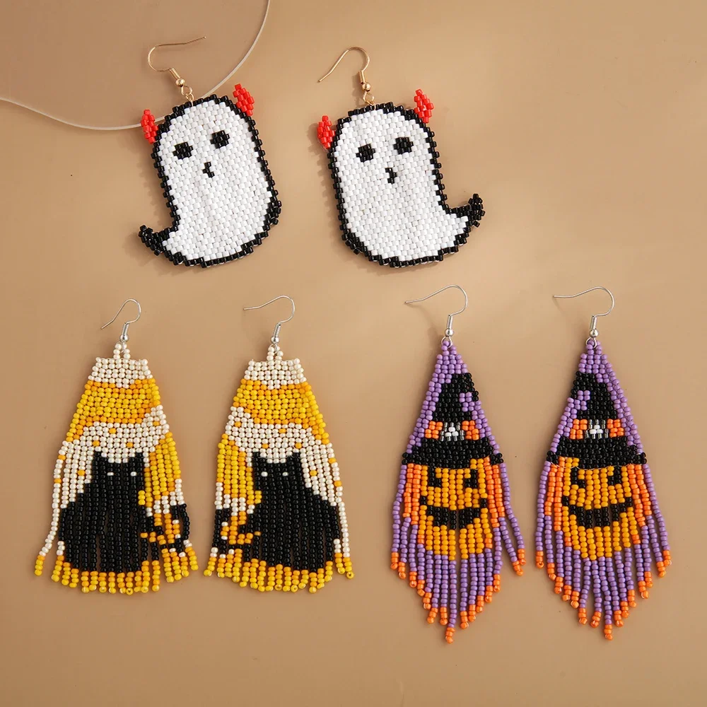 

Rice bead earrings Tassel Play tricks All Saints' Day Ghost Black Cat Pumpkin Design Hand knitting Bohemia Beaded earrings