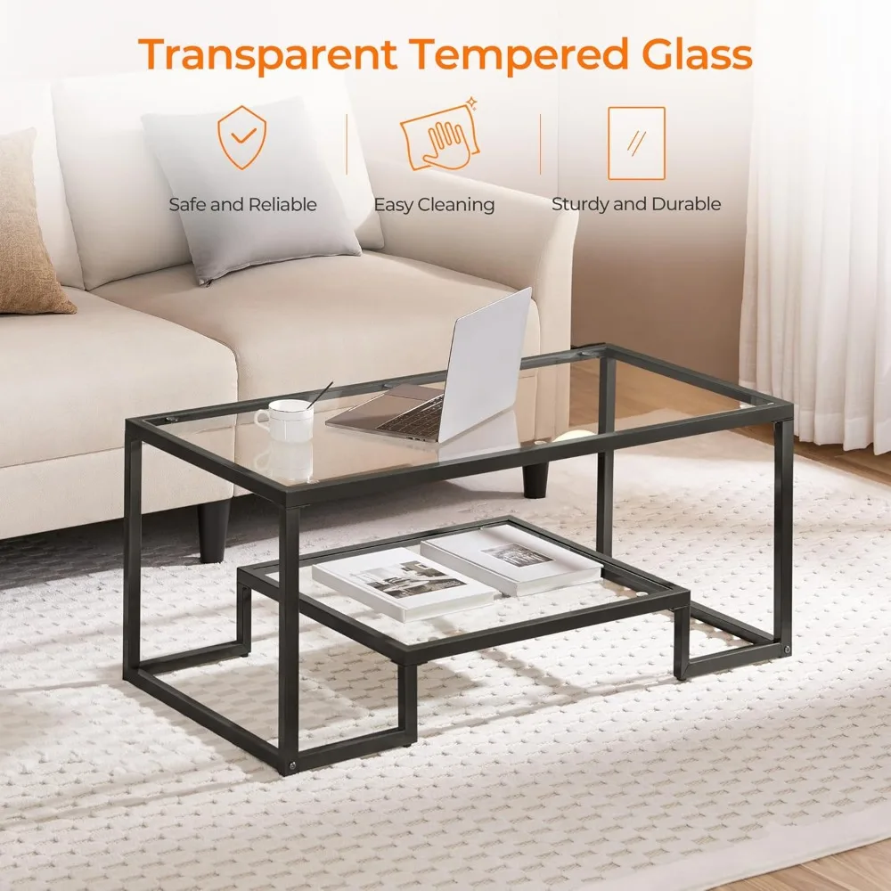 Modern Tempered Glass Coffee Table with Geometric Design and Metal Frame, Simple Center Table for Contemporary Living Spaces