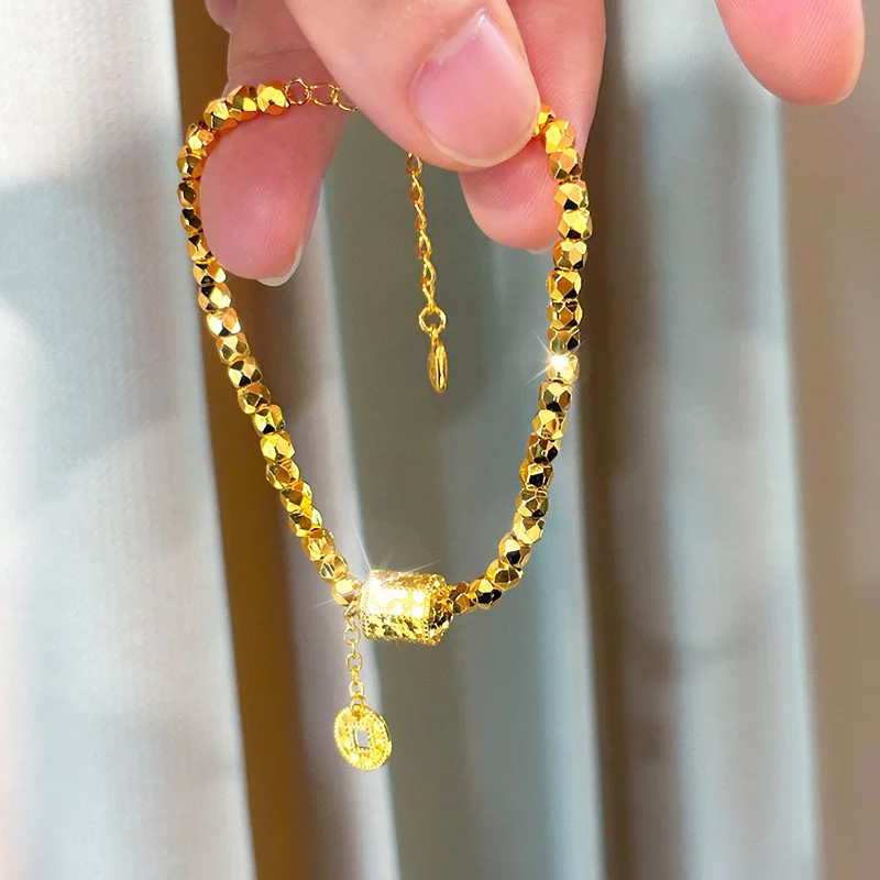 Luxury 9999 24K Real Gold Crushed Ice Octagonal Column Crushed Gold Bracelet for Women Adjustable Bouncy Bead Jewelry