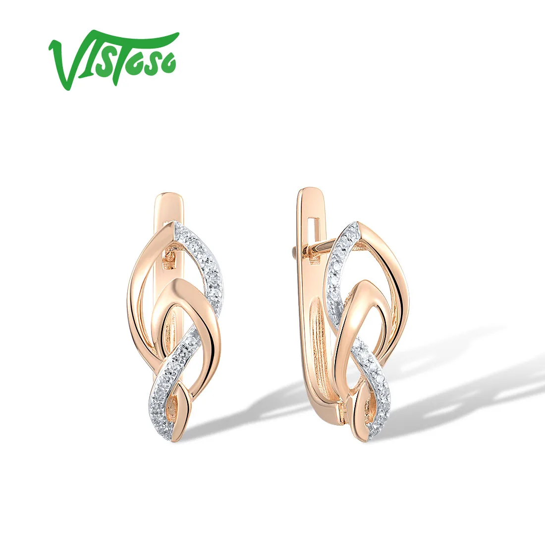 VISTOSO Authentic 14K 585 Rose Gold Statement Earrings For Lady Sparkling Diamond Double Twist Wedding Engagement Fine Jewelry