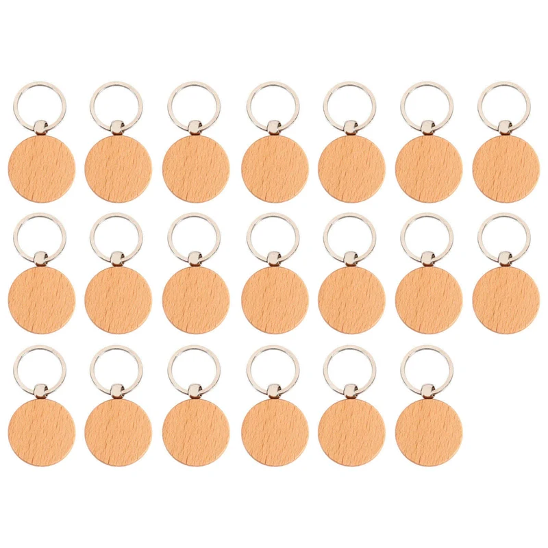 (NEW) 20Pcs Blank Round Wooden Keychain DIY Wooden Keychain Key Tag Gift