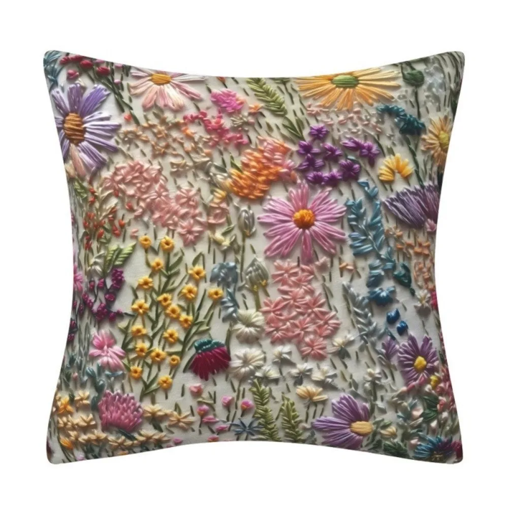 3D Embroidered Cushion Covers Single Sided Flower Pattern Pillow Covers Linen 45 x 45 Square Throw Pillow Covers for Living Room