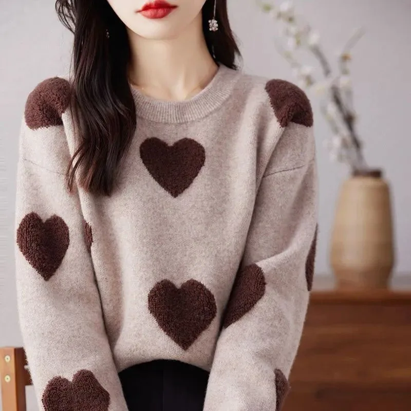 New Autumn and Winter Fashion Lazy Style High Grade Love Colored Collar Loose Versatile Foreigner Women\'s Long Sleeve Sweater