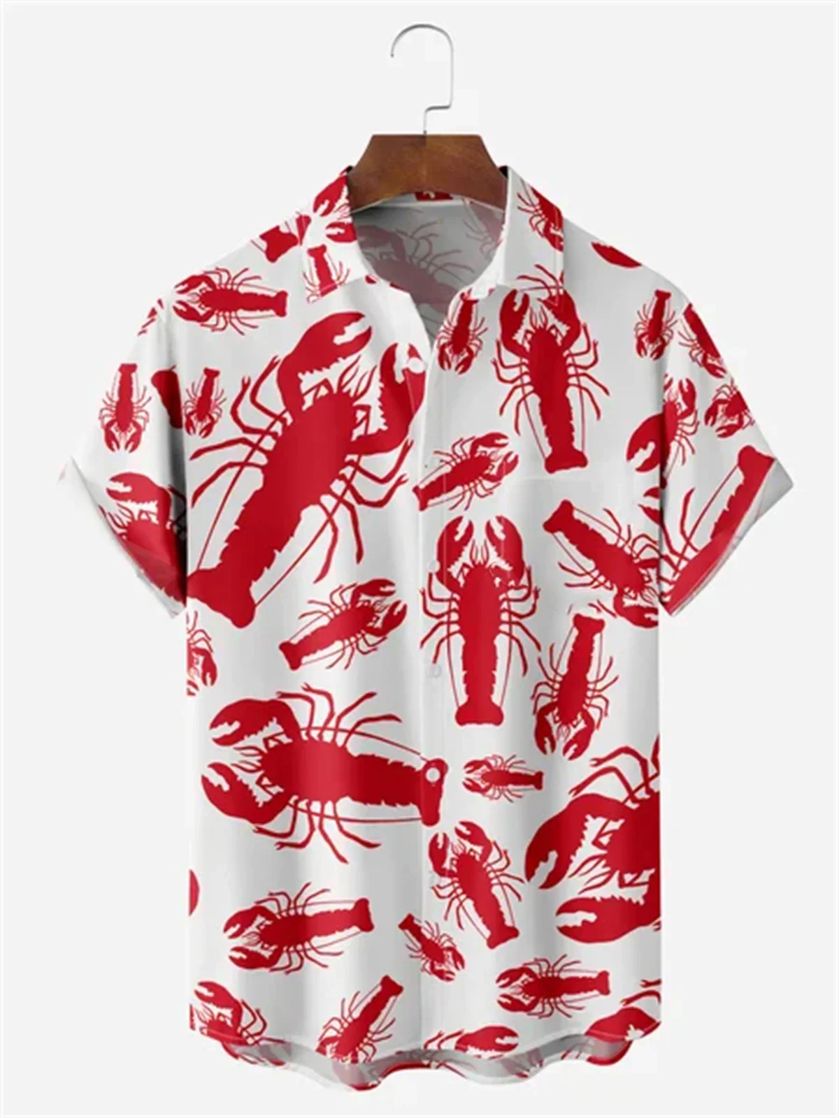 Camisa havaiana com estampa de lagosta masculina, elegante e casual, férias de praia, verão, 2024