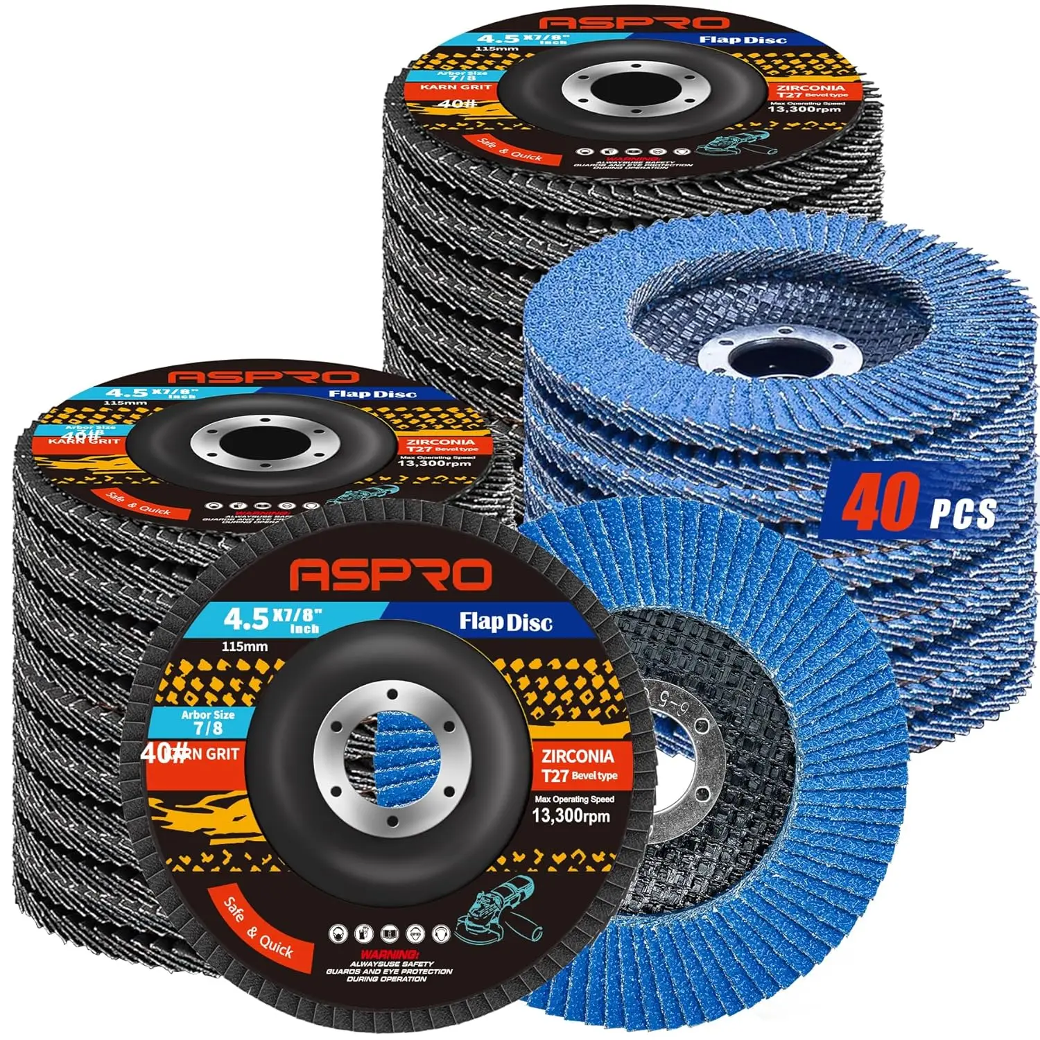 

4.5" Flap Discs 40 Grit for Metal, Wood & Stainless Steel Finishing - 40 Pack with T27 Arbor
