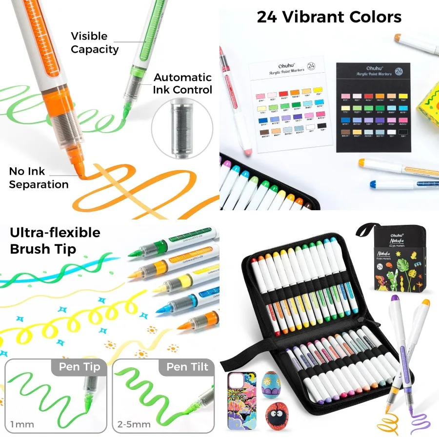 

Ohuhu Acrylic Paint Markers Direct Liquid: 24 Colors Flexible Brush Tip Acrylic Markers High Opacity Paint Pens Waterproof Ligh