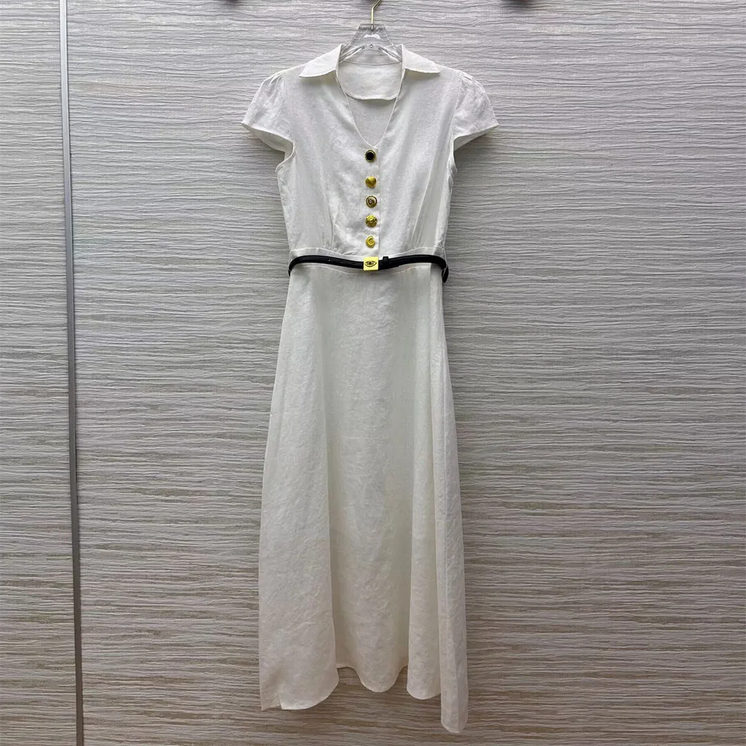 New Summer Gold Buttons 100% Linen Long Dress Women V-neck Short Sleeve Solid Color PU Leather Belt Brief Casual Dresses