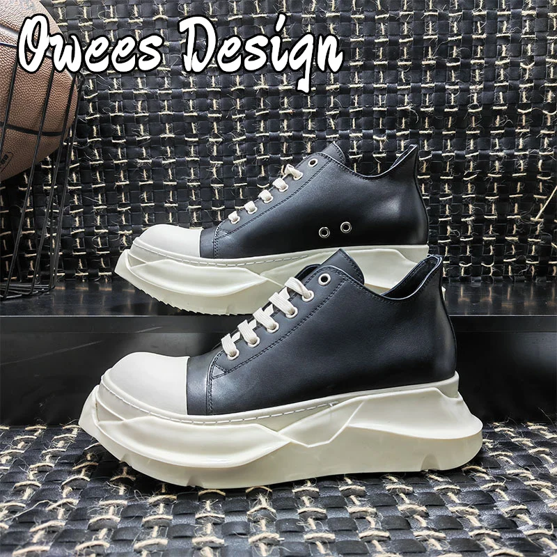 Owees Design Thick Sole Men Shoes Genuine Leather Sportswear Street Trend Platform Shoes Women Lace-up Breathable Fashion Shoes