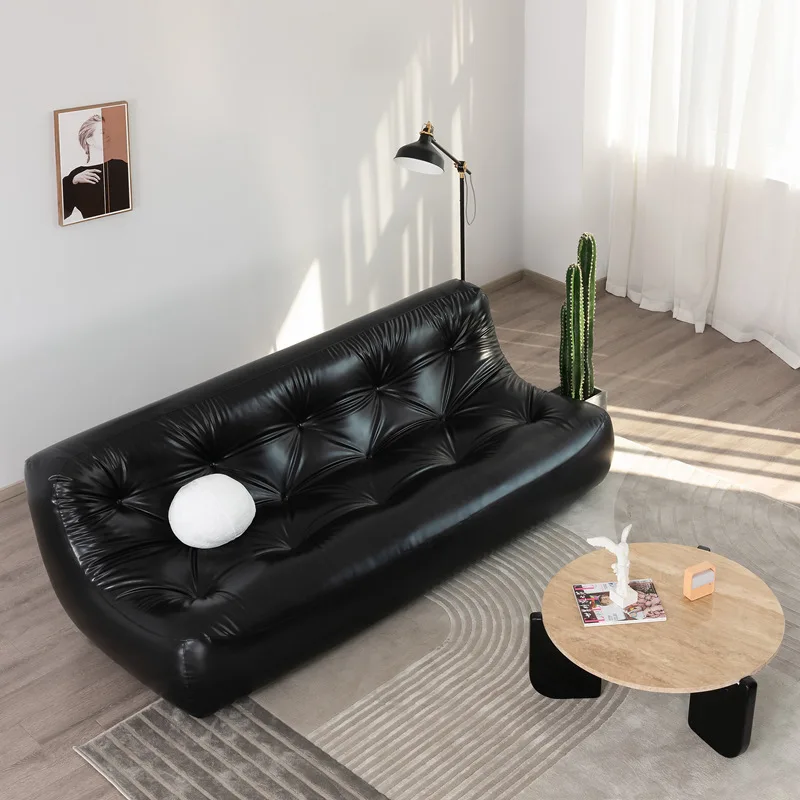 

Retro black leather art sofa small apartment three-person living room sofa