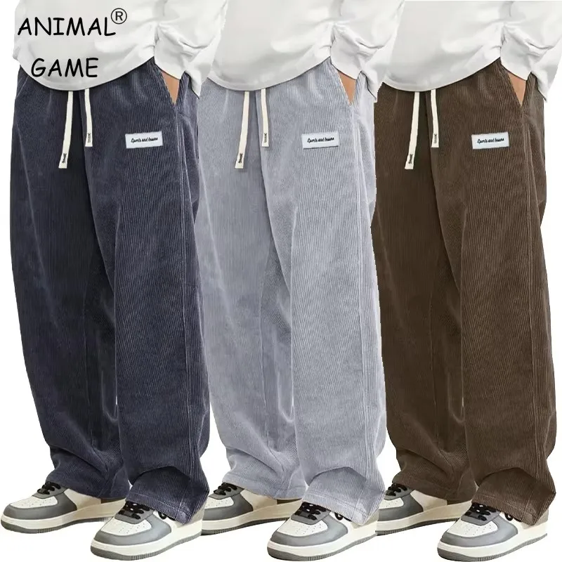 

Corduroy Pants Men Autumn Casual Loose Fit Straight Elastic Waist Drawstring Outdoor Streetwear Sweatpants