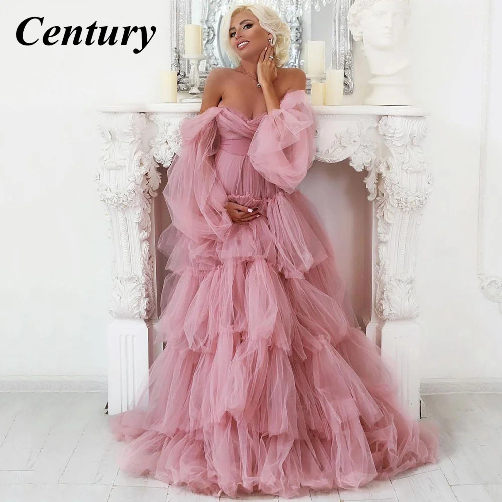 

Century Pink Layered Skirt Prom Dresses For Pregnant Woman Long Puff Sleeves Maternity Evening Gowns Lace Up Formal Dress 2022